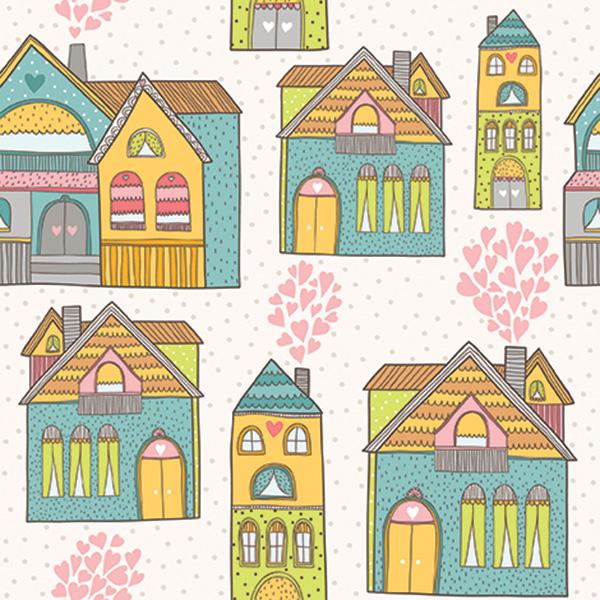 Home seamless background with house and hearts. Vector illustration.