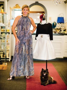  Octavia owner Betsy Brooks Wendell (with her pup, Bandit) wears an Elana Kattan jumpsuit, $235. Cocktail dress by Aexclusive, $1,495.