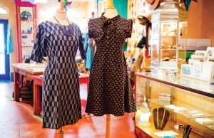 Mata Traders “Breakfast Nook” dress in charming elephant print, $77, and Paper Doll dress, $74, with hidden pockets. 
