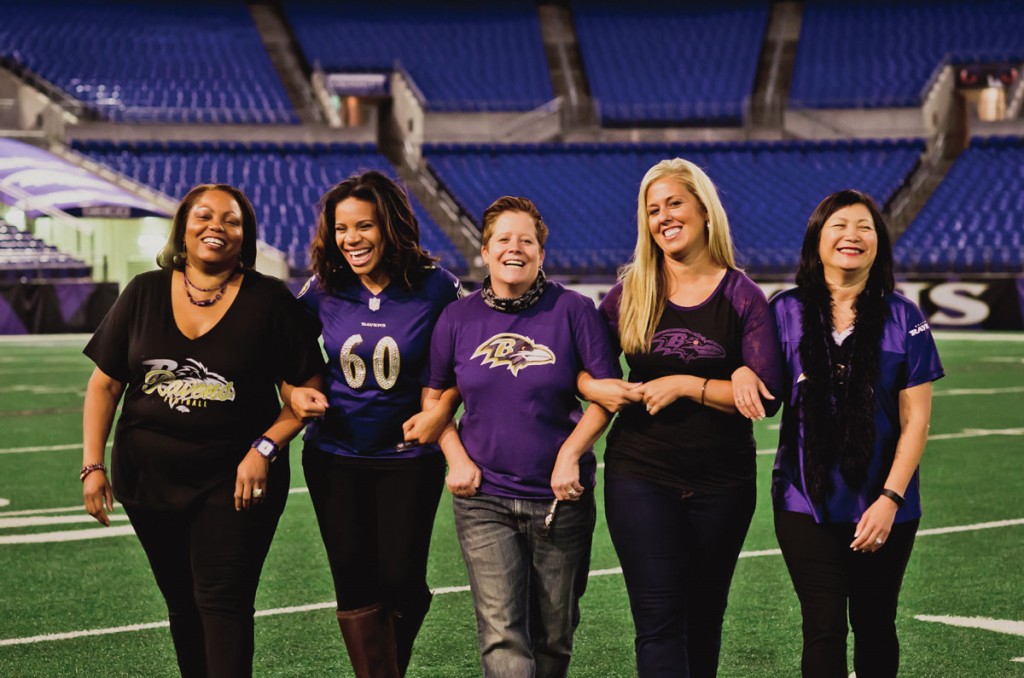 Ravens fans unite. From left, Joyce Boyer, Nureya Monroe, Jody McNanie, Karley Emrich and Li Na Goins.