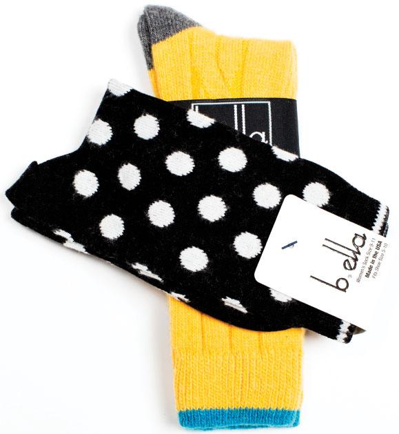 SUCH A SOFTY Cashmere socks by Bella make a fabulous last-minute gift for favorite school teachers, neighbors and distant kin. Only $15 mid-calf (yellow); $12 crew (polka-dot)— but they still say luxury, at Ma Petit Shoe in Hampden.