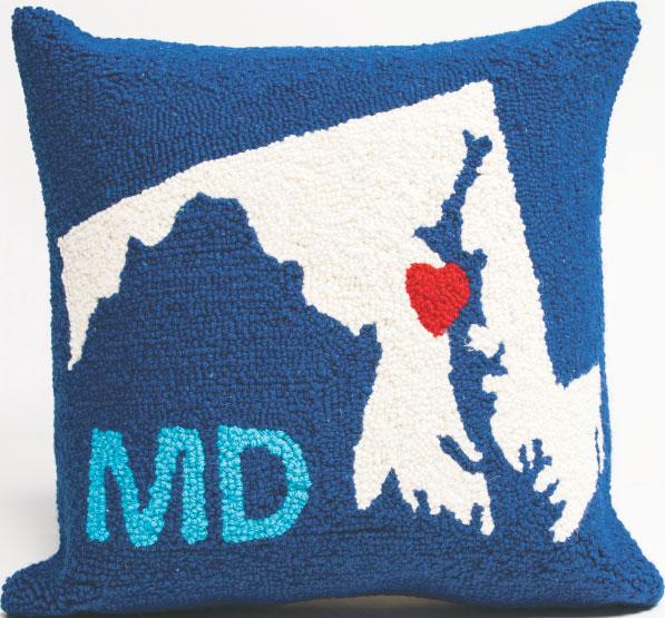 CUSHY This handsome handmade Maryland pillow roots for our home state without wrecking our color palette. $58, at Becket Hitch in Green Spring Station.