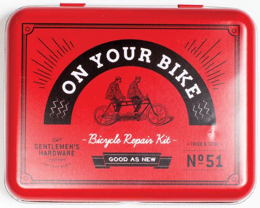 BICYCLE CHIEF Who on your list is at top risk for…flat tires? On Your Bike vintage-style repair kit comes with non-rubber patches in three sizes, two metal "tyre" levers, a bone wrench, a metal rast, 20 mm. of rubber solution and instructions! $23, at TROVH in Hampden. 