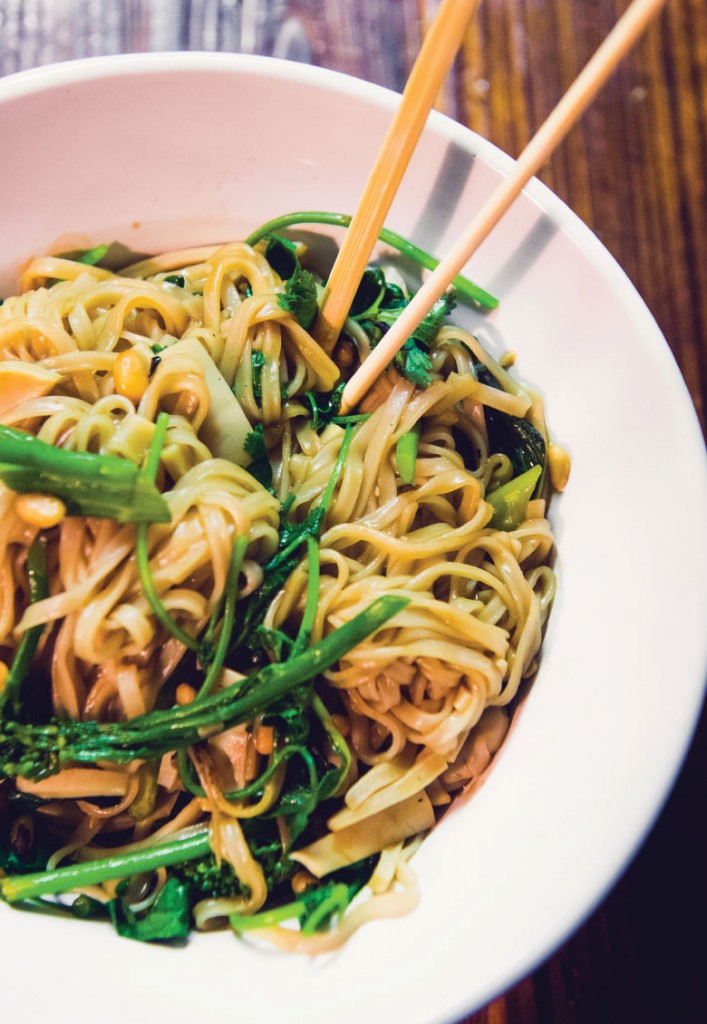 Cyrus Keefer’s squid pad Thai with broccolini at Defie Moi.