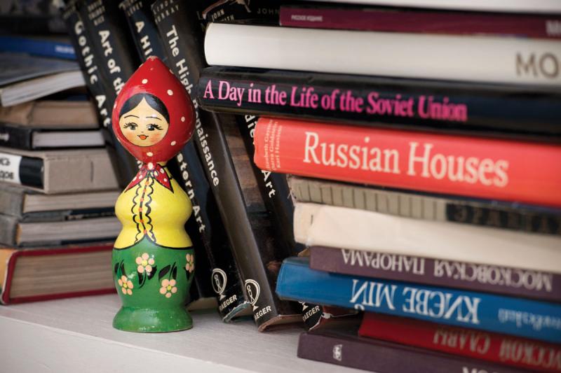 Russian books and collectibles decorate Roby's cozy language classroom at Friends.