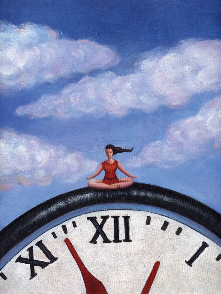 A woman doing yoga on a giant clock