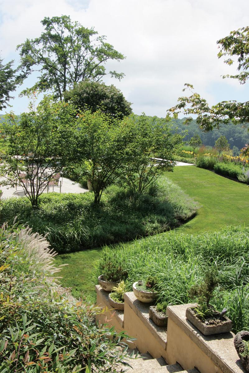 The view out over the gardens includes three shadblow serviceberry trees as well as deep perennial beds around a reduced lawn. 