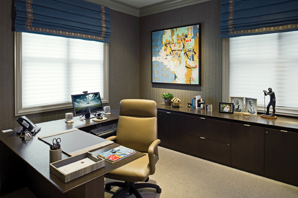 Serene, but never boring, muted shades of taupe and blue vary in intensity throughout the house—taking on deeper accents in Bob’s office, and accented by statement-making artwork. 