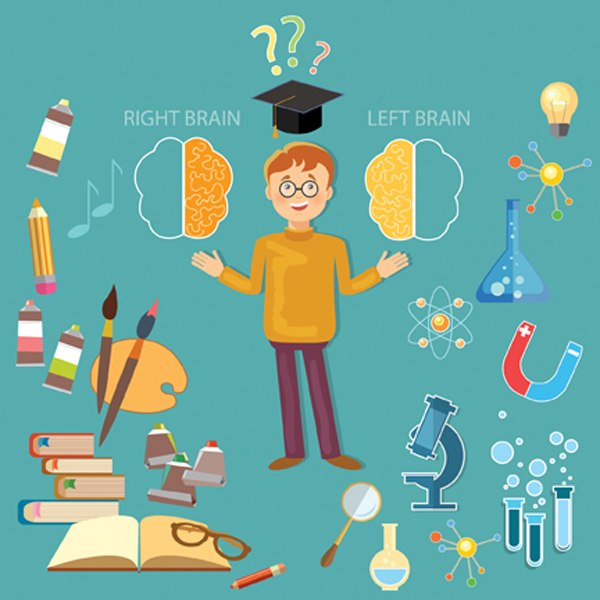 Schoolboy studying left and right brain analytical and creativity education concept vector